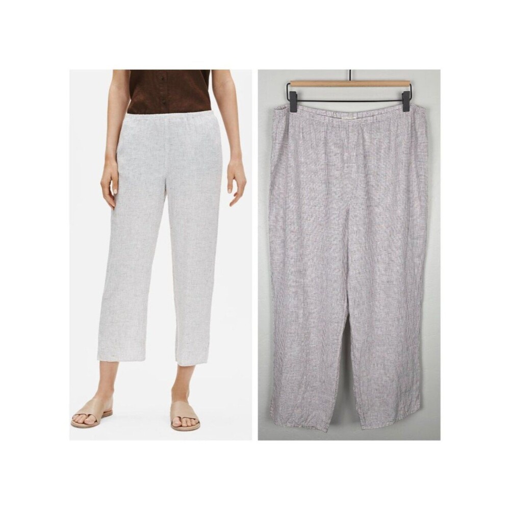 Eileen Fisher Organic Linen Check Straight Pant Easy Fit Crop White Brown Size M
